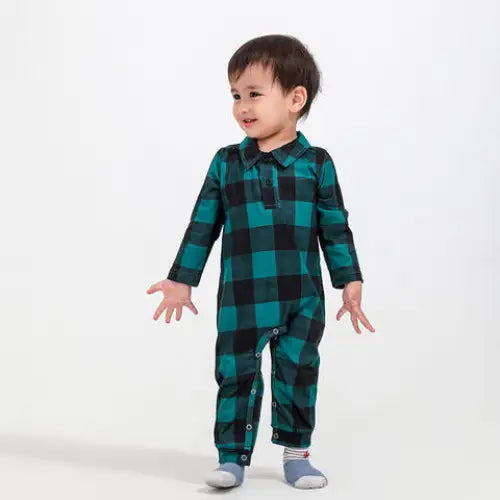 Baby Plaid Collared Neck Jumpsuit - Teal / 3-6M