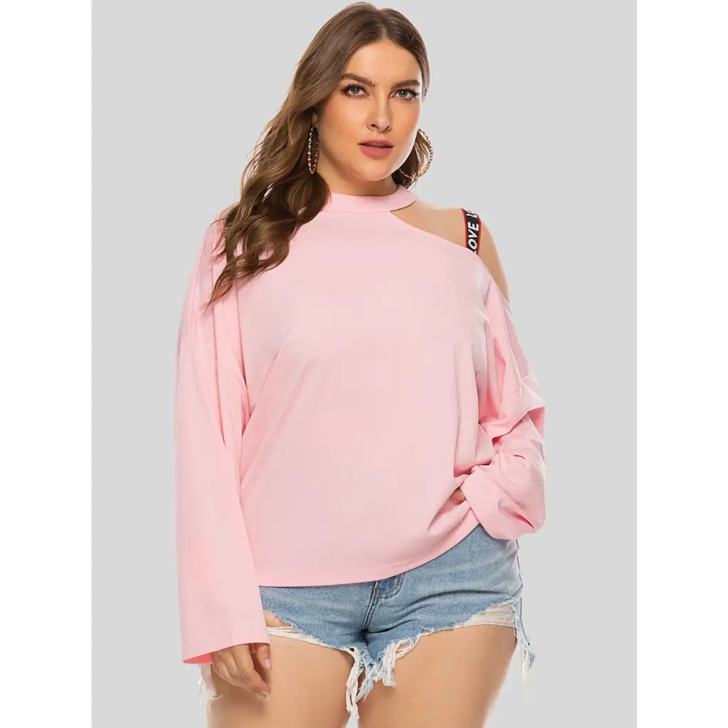 Plus Size Cold-Shoulder Round Neck Blouse - Blush Pink / 4XL