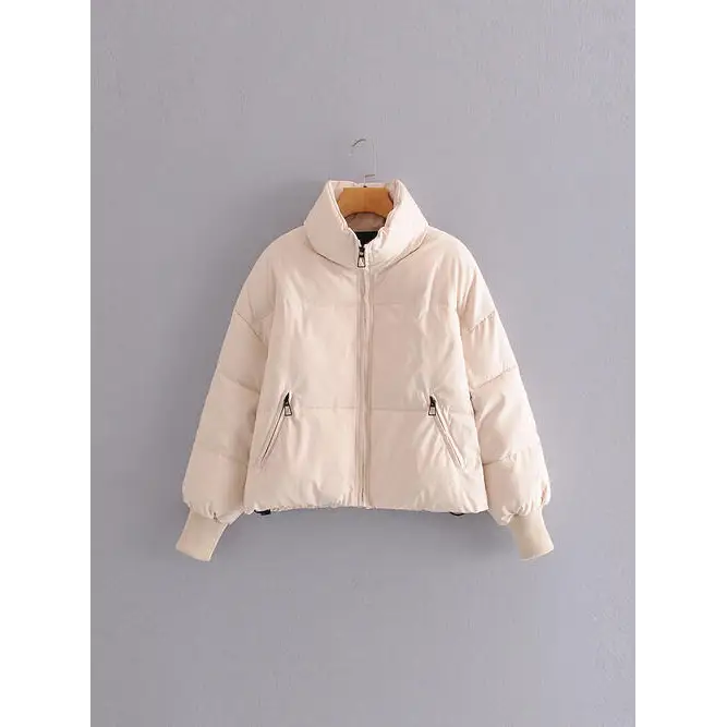 Zip Up Drawstring Winter Coat with Pockets - Ivory / XS